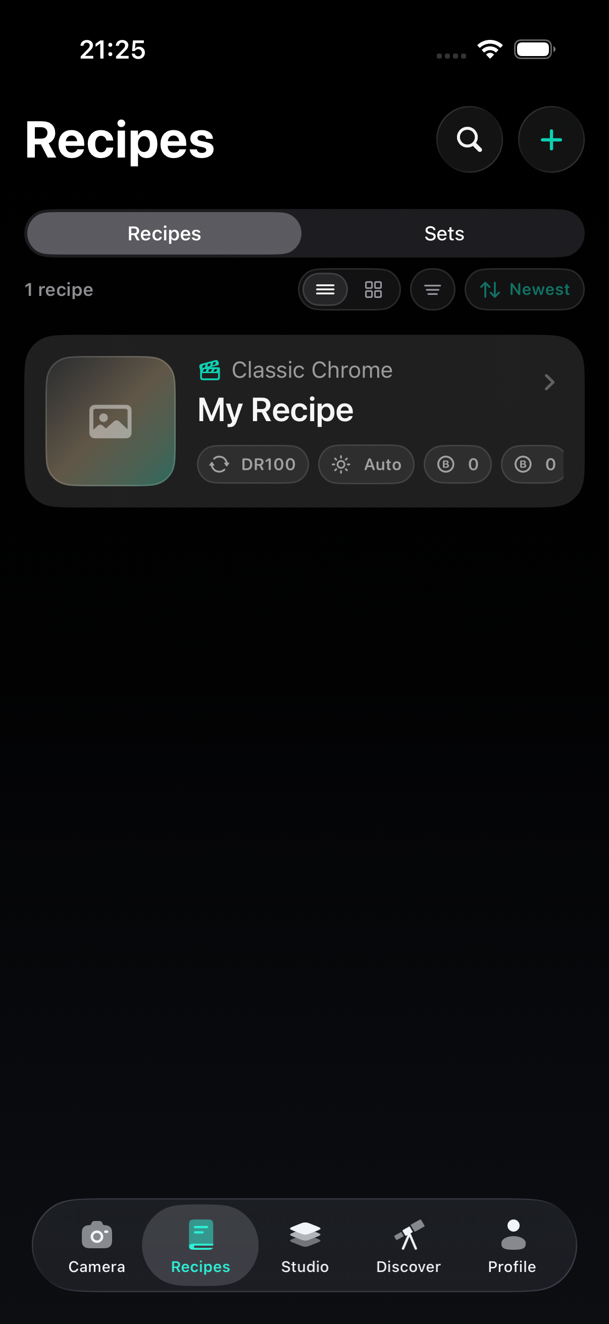 Fuji Recipe Studio listing recipes from a connected camera
