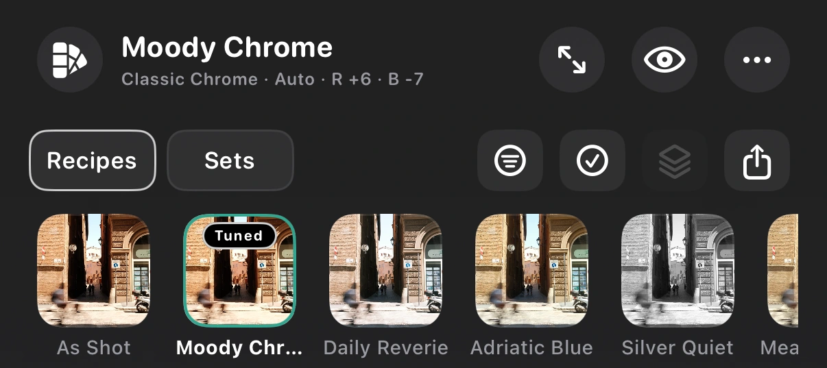 Moody Chrome selected beside other recipe previews